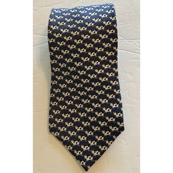 BEAUFORT TIE RACK 3.75” Cow Tie Print Farm Blue Italian Silk Neck Tie Dairy Barn - Picture 3 of 9